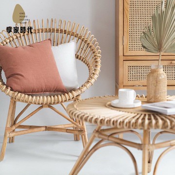 精工製作 日式民宿陽臺藤椅 三件套庭院手工藤編休閑全真藤單人椅子茶桌組合J1912