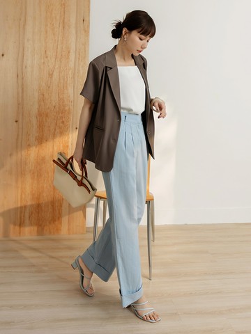 棉質反摺純色直筒褲