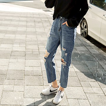 高含棉多刷破後鬆緊牛仔男友褲-OB嚴選