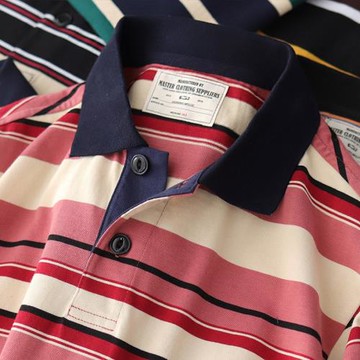 夏季翻領短袖男T恤230G純棉日系復古潮流寬松休閑體恤條紋POLO衫