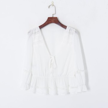 春季女裝韓版純色性感深V領系帶蕾絲花邊松緊收腰顯瘦雪紡衫