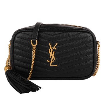 YSL-金字YSL 魚子醬皮革金鍊帶流蘇斜背包(黑)S