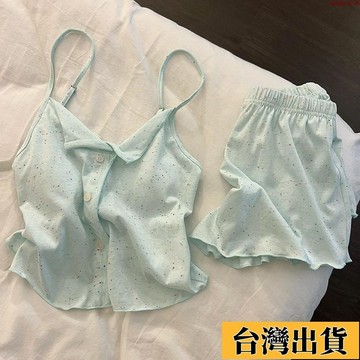 ⚡免運🌸時尚女裝⚡大碼帶胸墊小清新薄荷綠甜美吊帶短褲睡衣女夏季新款舒適居家套裝