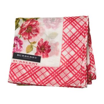 BURBERRY 經典斜格紋邊白底粉紅花卉圖騰字母LOGO帕領巾(50CM)