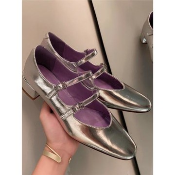 2025夏季新款雙排扣銀色瑪麗珍鞋子女復古粗跟小香風單鞋涼鞋