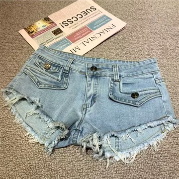美式辣妹毛邊低腰牛仔短褲女夏季性感緊身彈力包臀熱褲