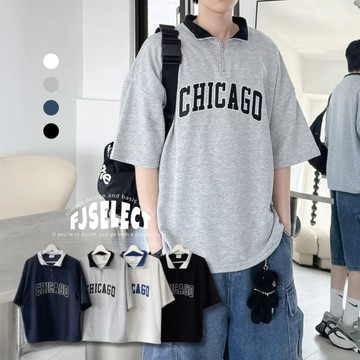 ［FJ select］CHICAGO立領撞色刺繡POLO衫 短踢 寬鬆 落肩 短袖上衣 男生短袖 女上衣 情侶 T恤