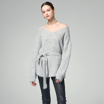 慵懶雲柔飄帶絨羊毛V領長上衣_灰色【MON'S 流行服飾】