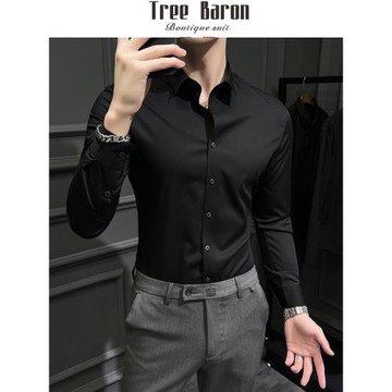 2025高級感短袖冰絲無痕襯衫男士商務休閑長袖襯衣黑色修身免燙