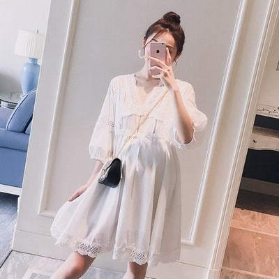 ワンピース レディース 夏 五分袖 きれいめ 妊娠服 可愛い Vネック 膝丈ワンピース レースワンピース オシャレ カジュアル ゆったり 通販 Lineポイント最大get Lineショッピング