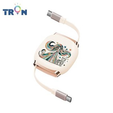 TRON 100W Type-C 伸縮快充線 1M 奶茶色 男孩女孩插畫A-2 4檔長度調整 可充筆電 適用i15以上手機 平板