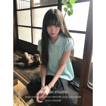 學院風條紋短袖襯衫女夏季穿搭翻領襯衣娃娃領小衫多巴胺甜美上衣