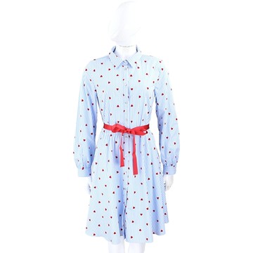 i BLUES Pirro 愛心植絨藍白條紋長袖襯衫式洋裝(附綁帶)