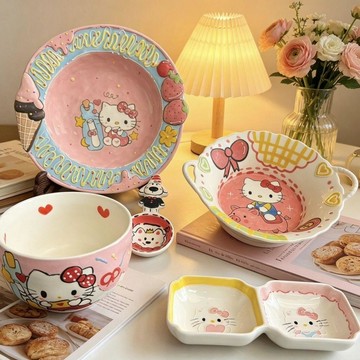 統編發票/景德鎮手繪凱蒂貓Hello Kitty套裝精緻可愛高顏值爆款陶瓷餐具 飯碗 湯碗 陶瓷碗 菜碟 陶瓷碟 高級感
