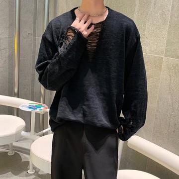 美式復古設計感長袖毛衣男2024新款破洞流蘇針織衫高級感小眾外套