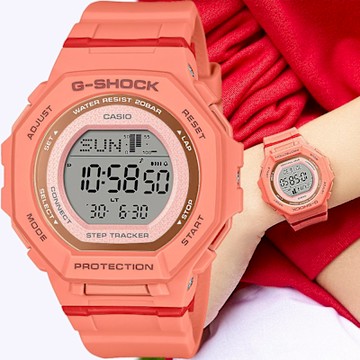 CASIO 卡西歐 G-SHOCK 計步藍芽手錶 清爽色彩女錶 1212購物節 送禮推薦-珊瑚橙 GMD-B300SC-4
