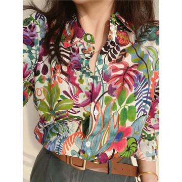 法系小眾復古文藝熱帶雨林植物印花寬松通勤顯瘦百搭直筒長袖襯衫