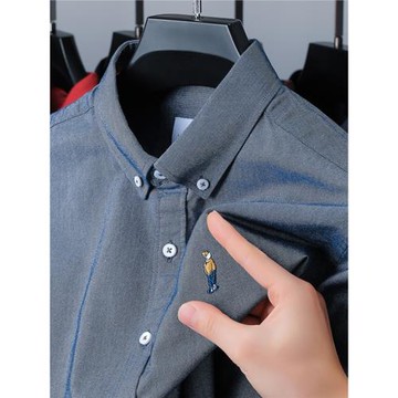 100%純棉~精美刺繡~襯衫男士長袖春秋季牛津紡打底衫商務休閑襯衣