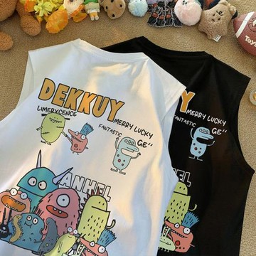 卡通印花背心男夏季趣味設計感無袖T恤大碼oversize籃球運動坎肩