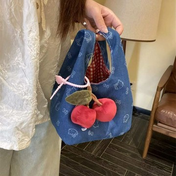 kitty包包 可愛牛仔刺繡通勤便攜撞色手提包 kitty收納包 kitty包 收納小包 凱蒂貓包包 手機包 手提袋