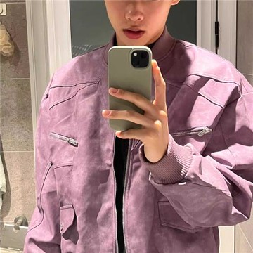 春秋高級感美式復古街頭vibe紫色夾克男女生潮牌ins嘻哈皮衣外套