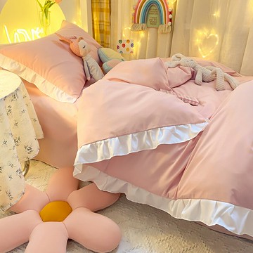粉色水洗棉女兒房床單被罩被套四件套夏季裸睡學生宿舍床上三件套