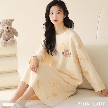 【PINK LADY】棉質連身睡裙 小熊塗鴉 印花寬版 秋冬長袖睡衣 居家服(女睡衣/保暖/居家睡衣/長袖睡裙)11836