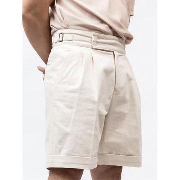 春夏意式復古那不勒斯扣休閑褲男 復古五分短褲 雙褶直筒寬松中褲