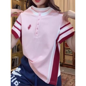 2025夏季新款粉色撞色小馬印花顯瘦設計感時尚百搭圓領短袖T恤女