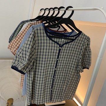 夏季泡泡袖法式V領格子棉麻襯衫女上衣A-27寬松百搭短袖襯衣