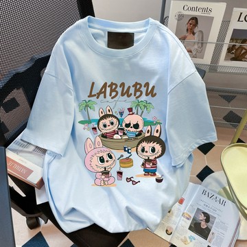 夏日清涼~度假labubu 短袖t恤女 純棉 t恤 拉布布 印花 t恤 寬鬆上衣 設計感上衣 可愛風衣服 休閒上衣 衣服