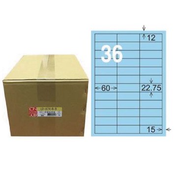 【龍德】LONGDER 三用電腦標籤 A4 36格 22.75*60mm淺藍1000張/箱 LD-874-B-B(適用雷射、噴墨、影印)