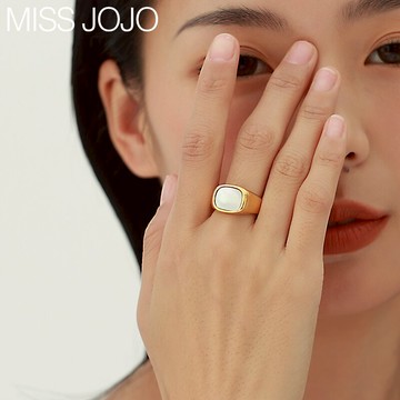 歐美ins風復古個性氣質夸張大方形天然白貝母貝殼金色鈦鋼戒指女