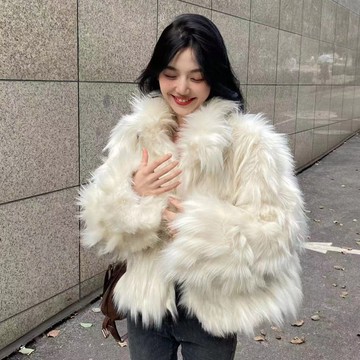 米白色 環保皮草 毛毛外套女 冬春季新款 時尚外套 加厚翻領 短大衣