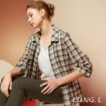 LUNG.L林佳樺 綠色格紋棉質七分袖女裝襯衫LR99A