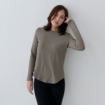 Mori girl 彈力圓弧線條修飾長袖上衣 卡其灰