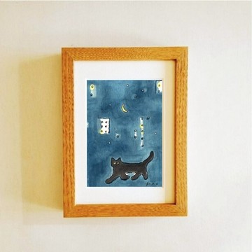 【原畫】「夜間散步」 ※附木製畫框 (2L 尺寸) 手繪・水彩・藝術・北歐風室內裝飾・貓咪畫