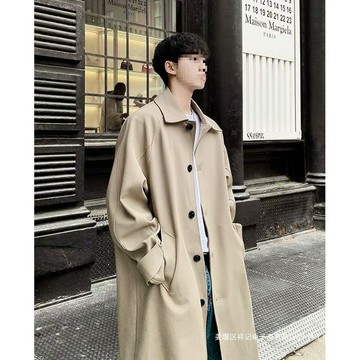 卡其色風衣外套男中長款秋季英倫雅痞韓系感痞帥過膝百搭大衣鑫弘-衣錦男裝