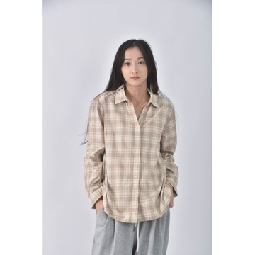 (L) uniqlo棉質格紋杏色長袖上衣二手衣