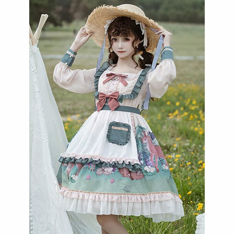 取寄商品 甘いロリータOPドレスポリエステル長袖フリル弓白カジュアルロリータワンピースドレス