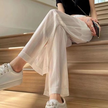 寬褲長褲白色闊腿褲女夏季休閒寬版褲薄款網紗直筒褲子空調褲顯瘦開叉【淘夢屋】