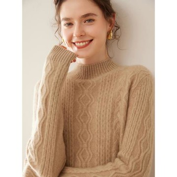 半高領加厚100純山羊絨衫女2024年冬季歐貨高端寬松絞花復古毛衣