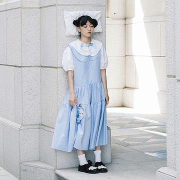 Meugler牛稠島 動物天堂 連環畫刺繡領藍格低腰娃娃領復古背心裙