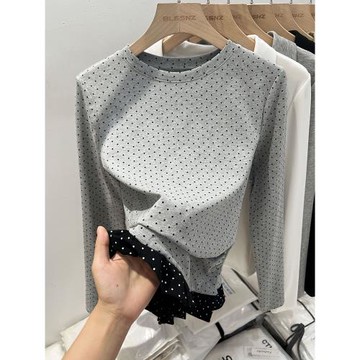 波點長袖t恤女春季2025新款歐貨設計感蕾絲拼接上衣內搭打底衫女