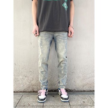 歐美高街基礎款做舊泛黃潑墨油漆彈力修身小腳褲男休閑百搭牛仔褲