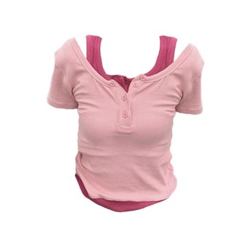 200斤外貿特大碼女裝速賣通亞馬遜歐美風假兩件甜辣T恤上衣顯瘦潮