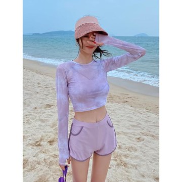 韓國泳衣女分體運動保守平角遮肚顯瘦長袖防曬速干性感四件套泳裝