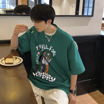 港風t恤男夏季純棉半袖上衣ins潮流寬松圓領體恤卡通印花男生短袖