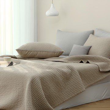 tacca tacca Comma系列 素色純棉雙面棉被枕頭套組  雙人加大棉被190 x 210cm + 枕套50 x 70cm  米灰色