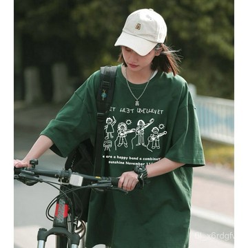夏季短袖 100%純棉T恤 T恤女 韓版寬鬆上衣 oversize上衣 百搭T恤 印花上衣 休閒T恤
